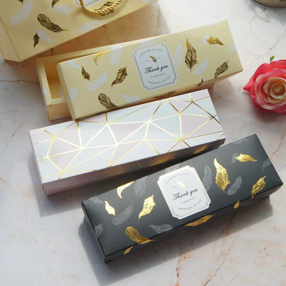 

23.7*6*5cm 5set gold pink Diamond black yellow feather Design Paper Box As Cookie Candy Handmade Sweet Wedding Birthday Gift Use