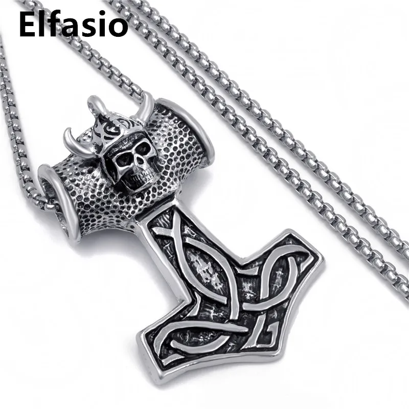 Mens Boys Pewter Pendant Necklace Silver Myth Thor's Hammer Norse Magick Mjolnir Skull Stainless steel Chain P294