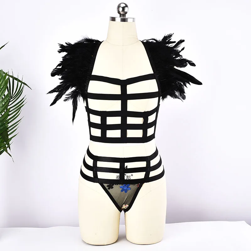 

Harajuku Black Body Cage Harness Bra Goth Halloween Feathers Bondage Harness Set Sexy Transparent G-string Bottom Briefs Panties