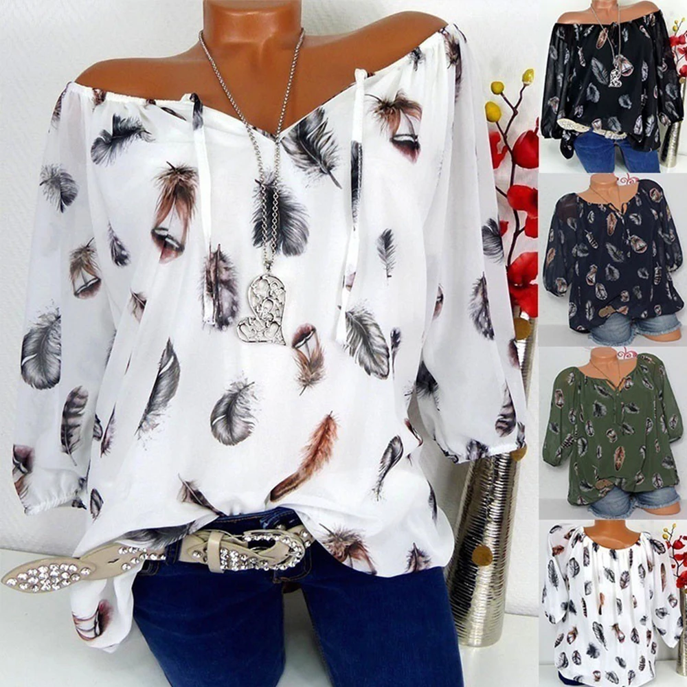 Fashion Oversized Women\'s Blouses Summer Tops New Leisure Blouse White Loose Feather Print V Neck Half Sleeve Shirts