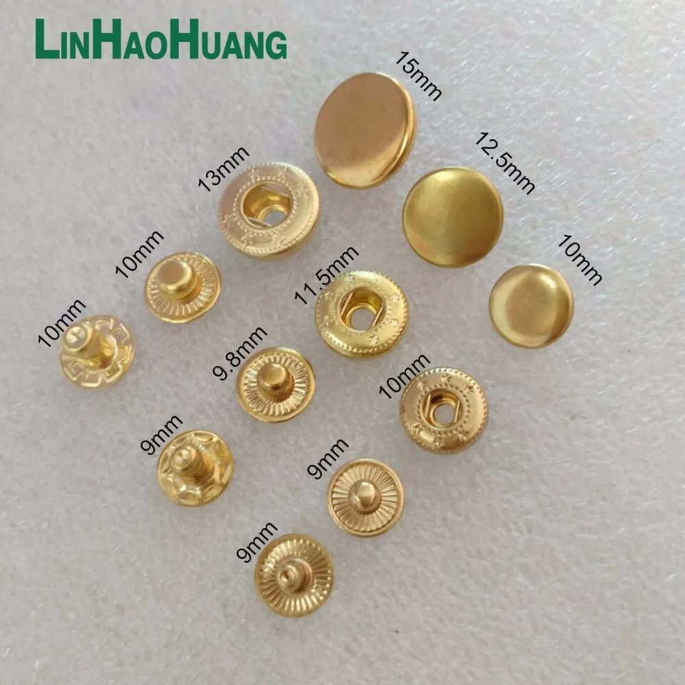 Wholesale 100sets/lot 10mm 12.5mm 15mm four part brass metal button spring snap button snap fasteners light gold 2017101802