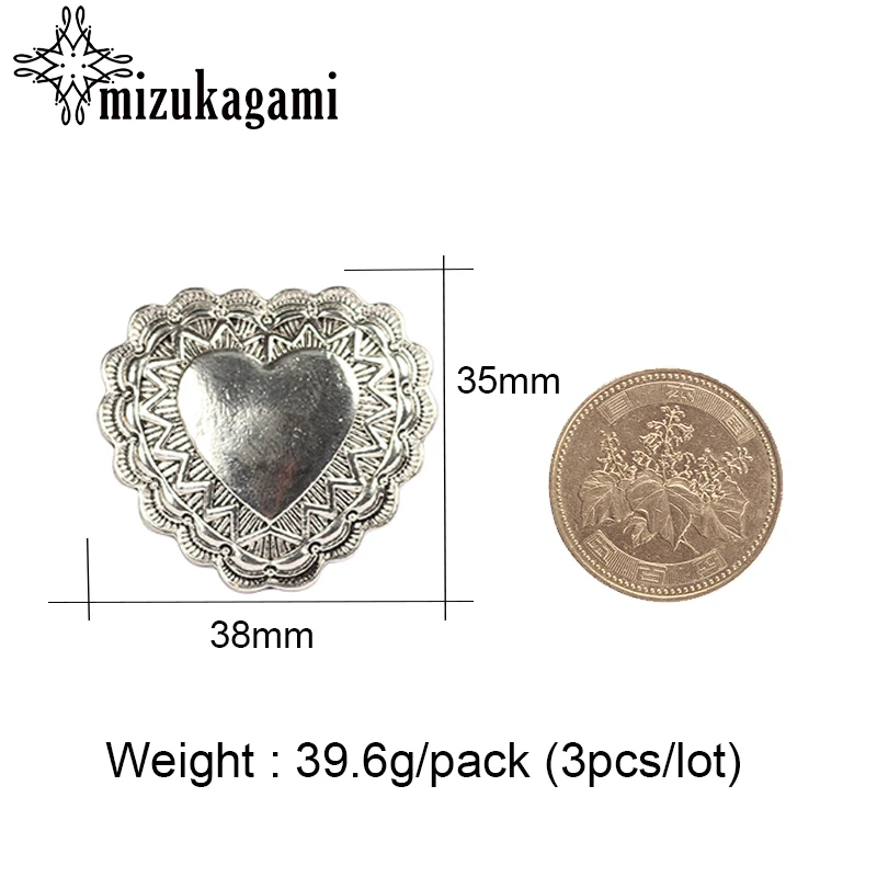 3pcs/lot 38MM Retro Zinc Alloy Button   Big Heart Decorative Buttons Charms Pendants For DIY Finding Accessories