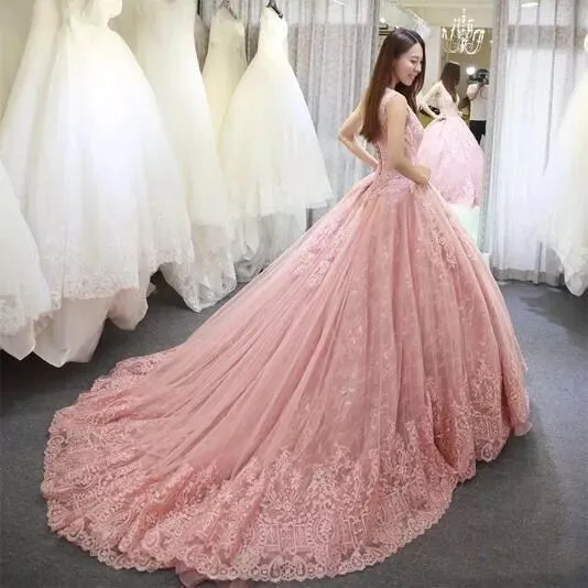 Em zhu robe de mariee sem mangas rosa princesa vestidos de casamento renda applique inchado vestido de baile vestido de noiva