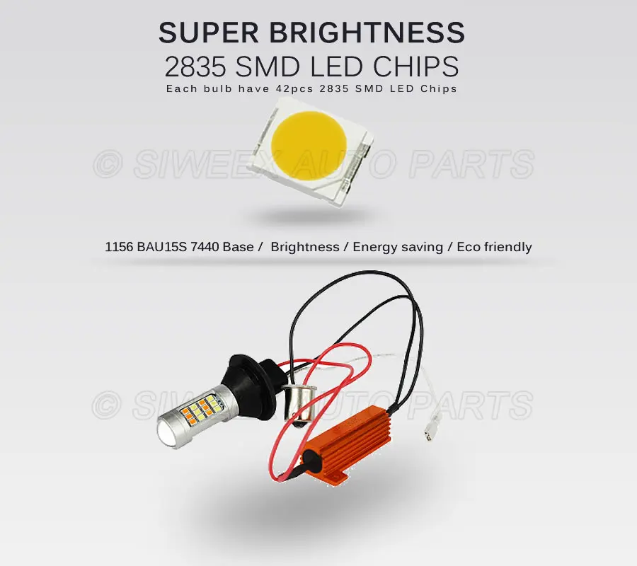 2 Pcs BAU15S 1156 7440 LED Car Lights BA15S T20 White+Yellow Steering Brake Reverse Bulb 2835 42 SMD 12V Auto Turn Signal Lamp