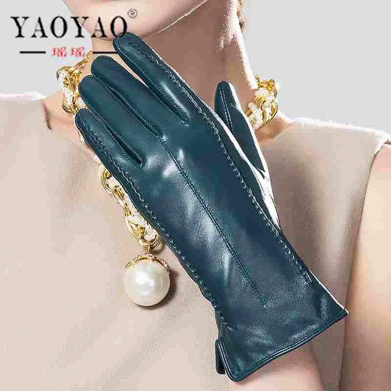 YY8792 Winter Women Genuine Leather Thicken Colorful Short Gloves Female Plus Velvet Thermal Blue Driving Mittens Mujer Luvas