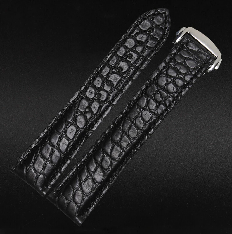 for flat interface watchbands High quality Crocodile Genuine Leather Watch Strap 20mm Black  Men Silver Deployment Buckle Clasp