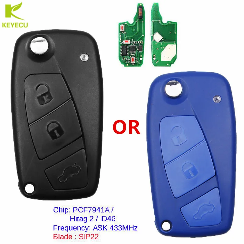 KEYECU Replacement Flip Remote Car Key Fob 3 Button 433MHz PCF7941 for Fiat Panda 2003-2007 2008 2009 2010 2011 2012