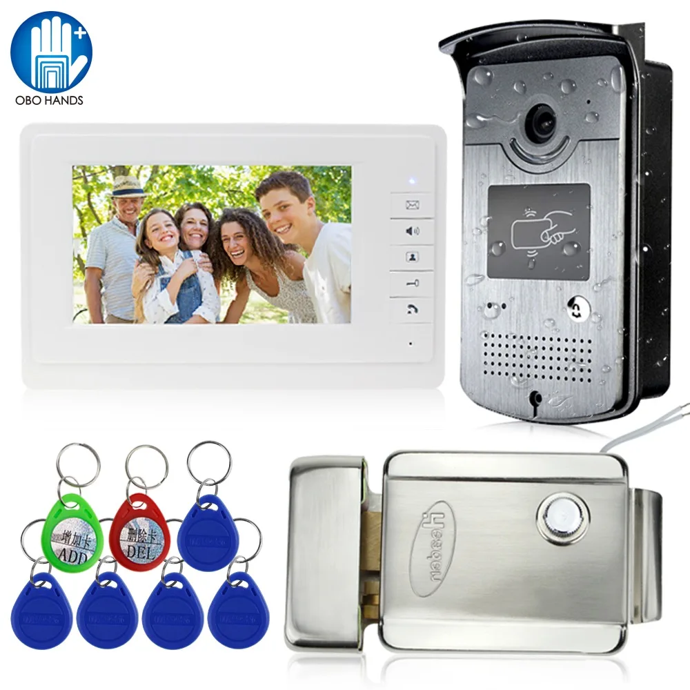 Wired Home 7\'\' Color Video Intercom System RFID Camera Doorbell Video Phone Metal Electric Door Lock 500 User for Apartments