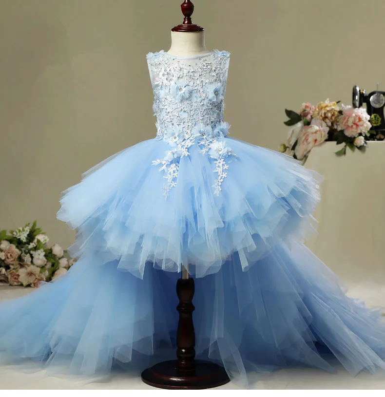 Light Blue Tulle Baby Girl Dresses For Party Princess Christening Newborn Birthday Gowns Appliques Infant Girl Baptism Vestidos