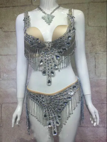 Sommer Neue Frauen Sexy Glänzende Strass Bikini Outfit Party Kostüme Bh Kurze Silber Bikinis Bühne Dance Nachtclub Set