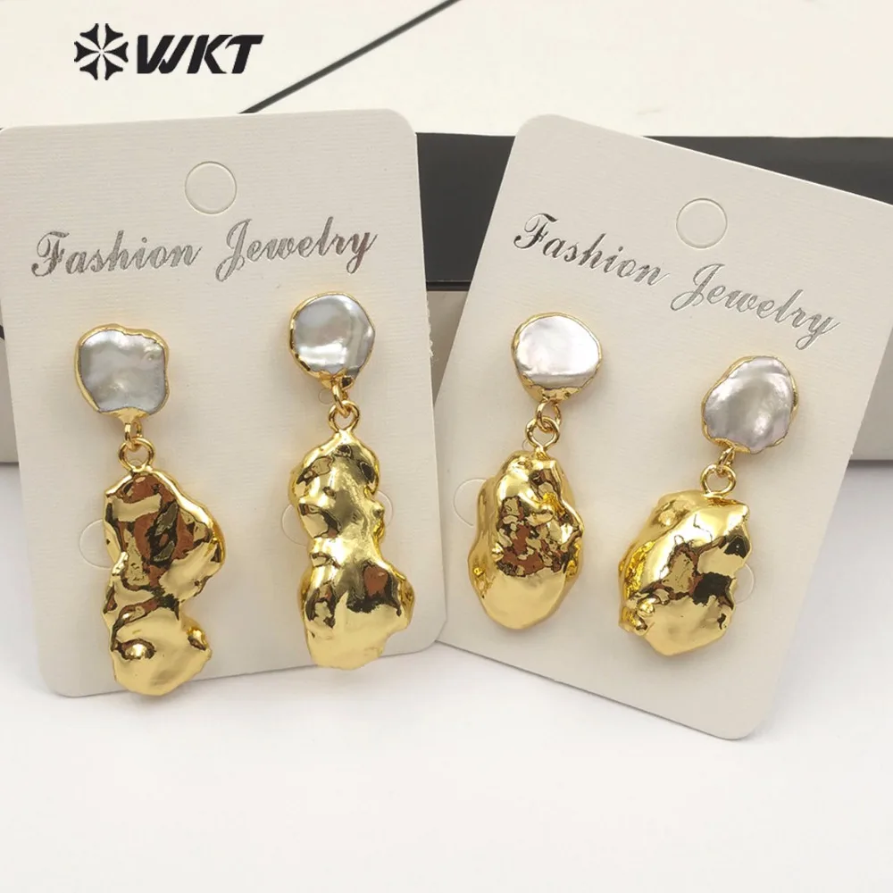 WT-E490 WKT Best selling pearl stud with natural random size Baroque pearls full gold dip dyed ladies earrings gift jewelry