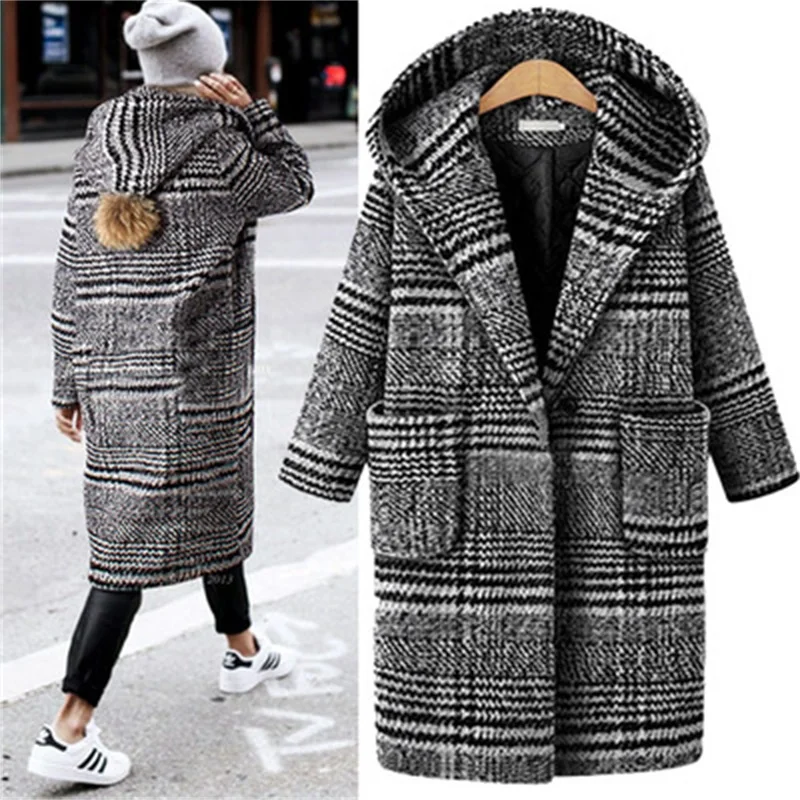 

Autumn and winter new women's Europe and America large size loose long section hooded tartan coat coat fashion women's clothing