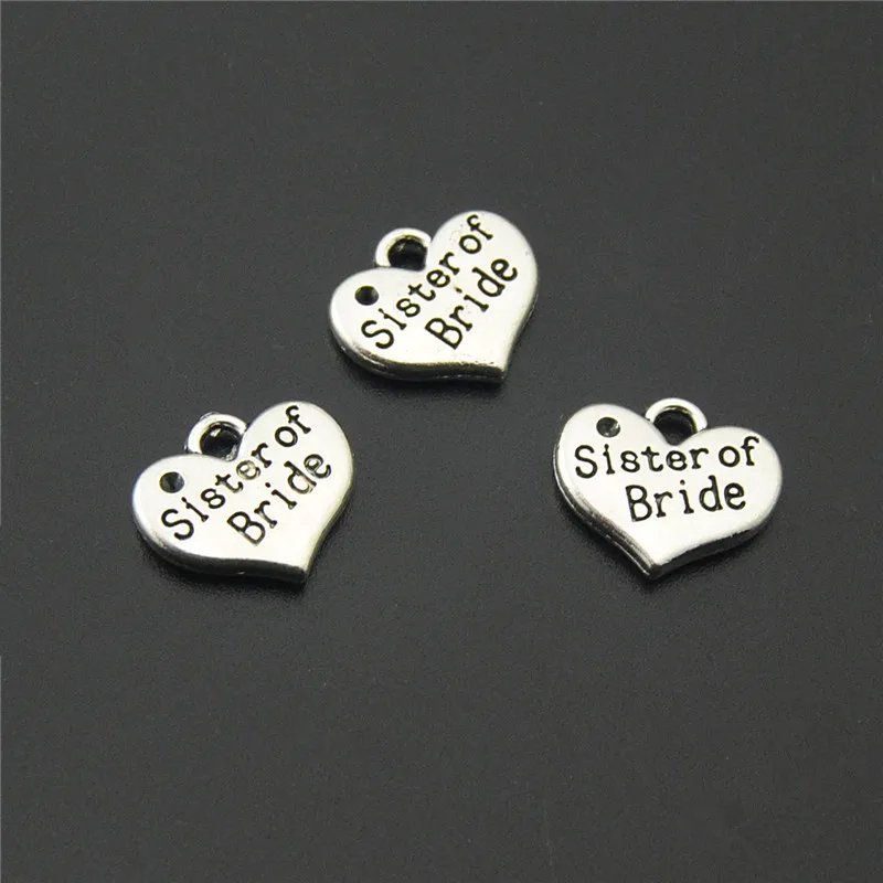 20PCS  Silver Color Heart Word Sister Of Bride Charms DIY For Bracelet Necklace A2191 SALE