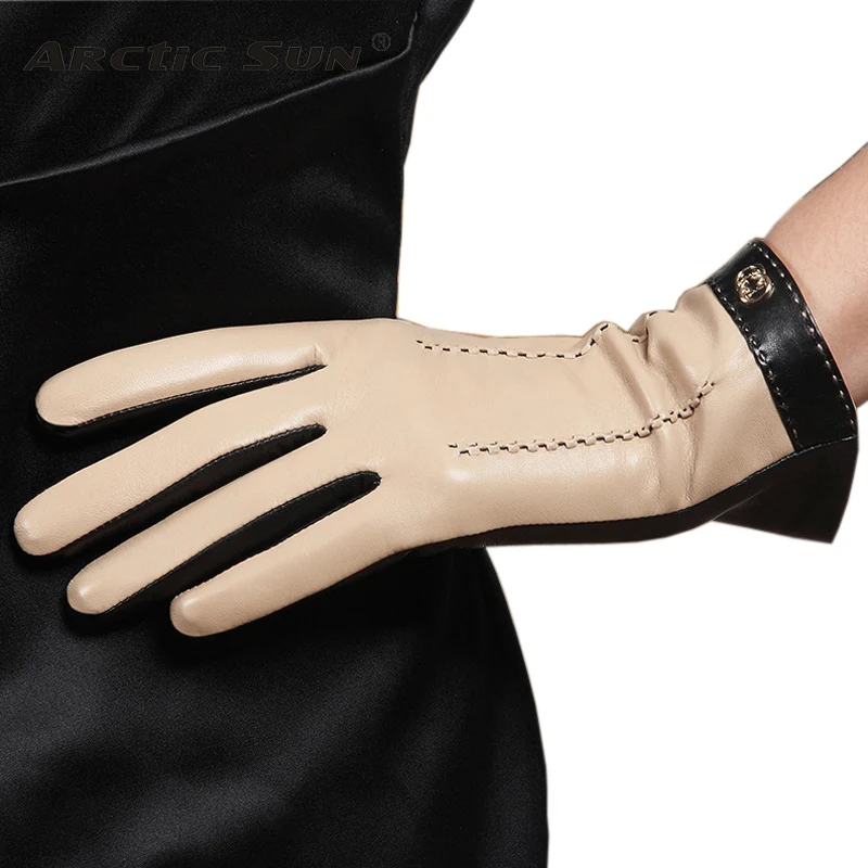 Real Leather Gloves Female Fashion Two Tones Touchscreen Sheepskin Warm Plushed Lined Women Driving Gloves Ladies L169NC2