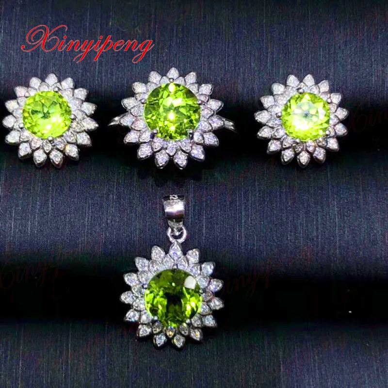 

Xin yi peng 925 silver inlaid natural peridot pendant earrings ring jewelry sets three-piece woman anniversary gift