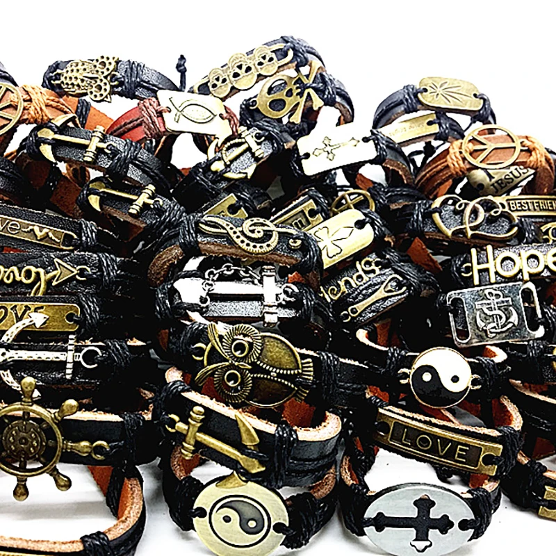 Wholesale 30pcs cuff leather bracelets men women unisex Copper Alloy decoration mix styles vintage fashion handmade jewelry