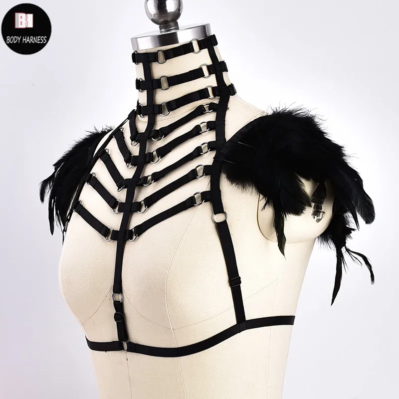 Sexy Women Black Feather Goth Body Harness Lingerie Rave Fetish Bondage Feather Angel Wings Crop Top Body Cage Harness Bra