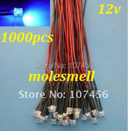 

Free shipping 1000pcs Flat Top Blue LED Lamp Light Set Pre-Wired 5mm 12V DC Wired 5mm 12v big/wide angle blue led