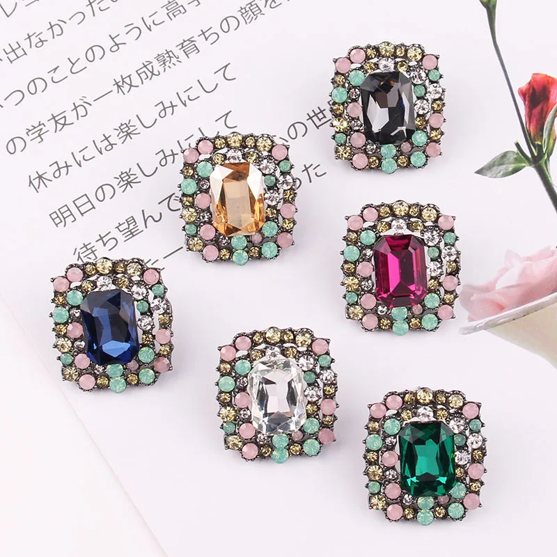 LUBOV Colorful Rhinestone Decoration Opal Stone Stud Earrings Unique Square Crystal Piercing Earrings Women Wedding Jewelry 2019