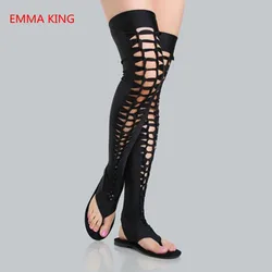 Women Roman Gladiator Sandals Leather Hollow Flats Sandals Sexy Dancing Party Shoes Woman Black Cut Outs Over The Knee Boots