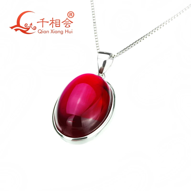 

Oval shape 5# red artificial ruby color corundum necklace with silver chain pendant for women party