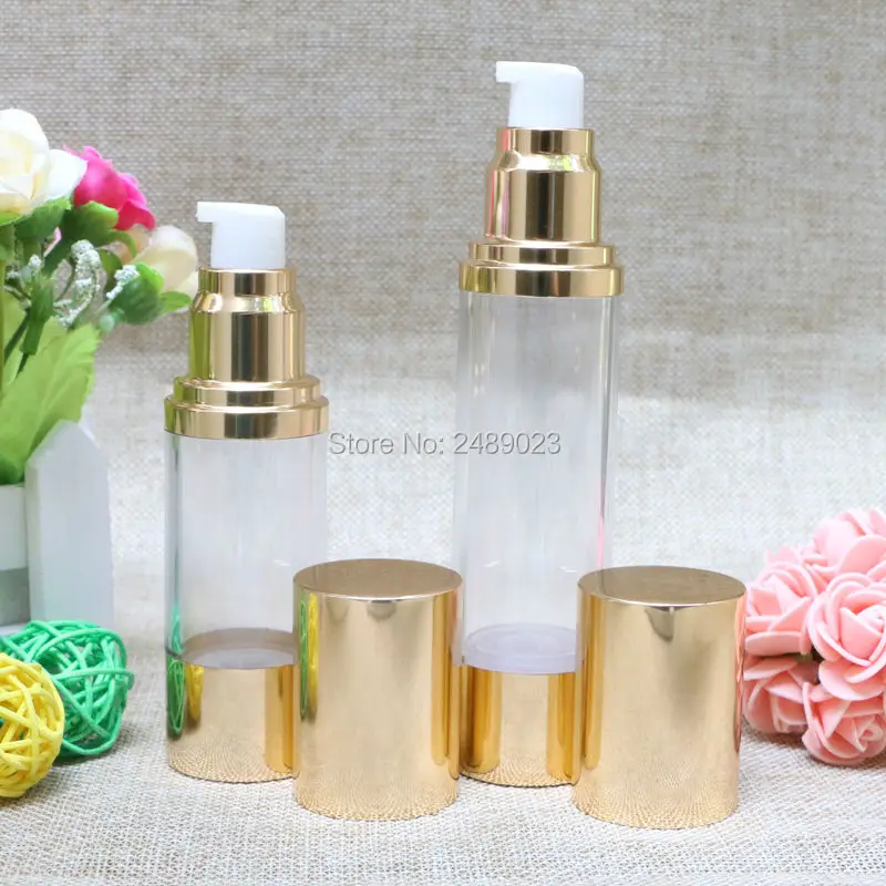 Botella sin aire de óxido de aluminio, contenedor de cosméticos, loción de viaje de alta calidad, herramientas de maquillaje, oro, 30ml, 50ml, 10 unidades por lote