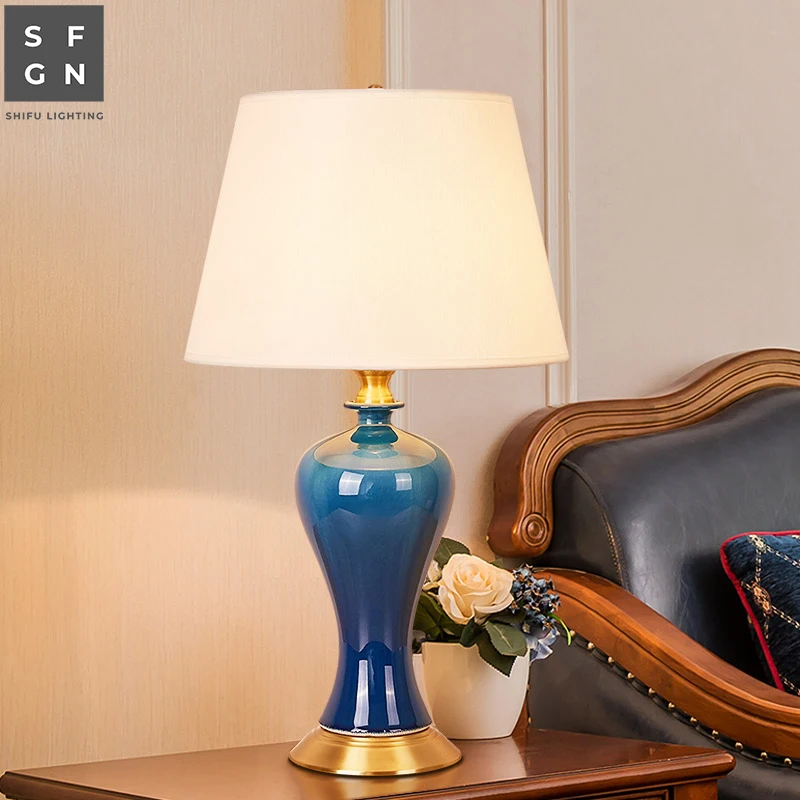 

Copper Bedroom Table Lamp Bedside Jingdezhen Ceramic Generous Luxury Living room Decorated LED Lamps