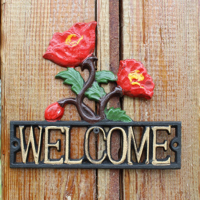 

Rose Flower Cast Iron WELCOME Signs Plaques With Red Yellow Green Paint Colors Home Garden Wall Decor Metal Floral Hangings