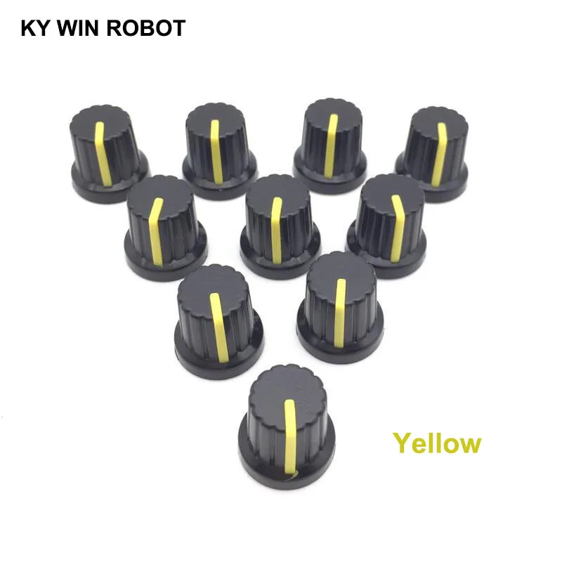 New 10 Pcs Yellow 6mm Shaft Hole Dia Plastic Threaded Knurled Potentiometer Knobs Caps