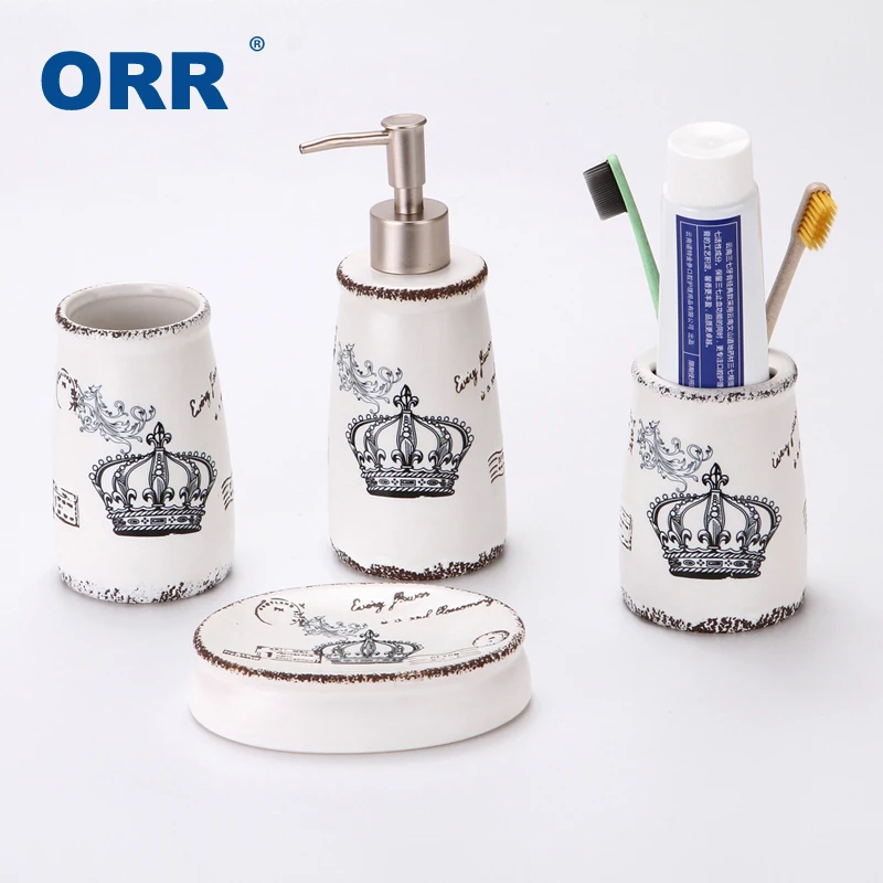 

Top Crown Bathroom set 4pcs Ceramic display Tumbler Liquid Soap dish Lotion Dispenser Toothbrush Holder Bath Accessory ORR