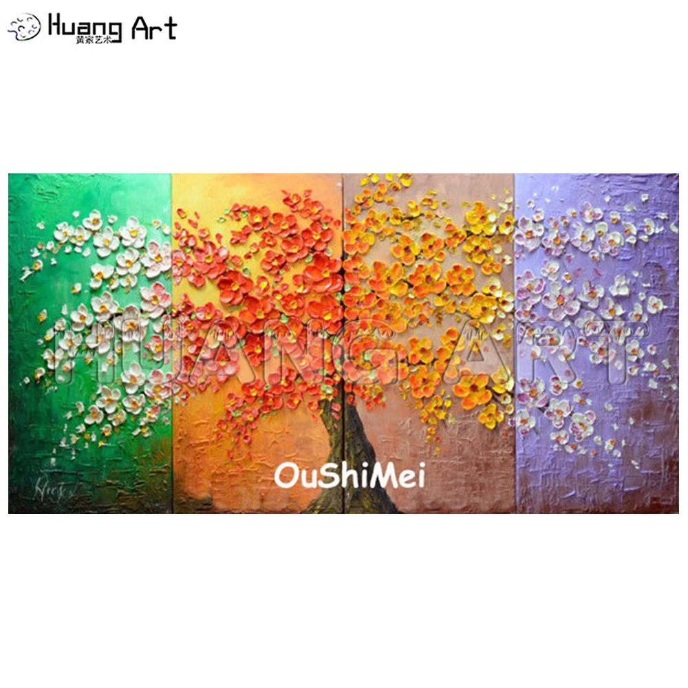 

3D Wall Knife Painting Handmade Colorful Rich Four Seasons Tree Oil Painting Landscape Group Oil Paintings For Home Decor