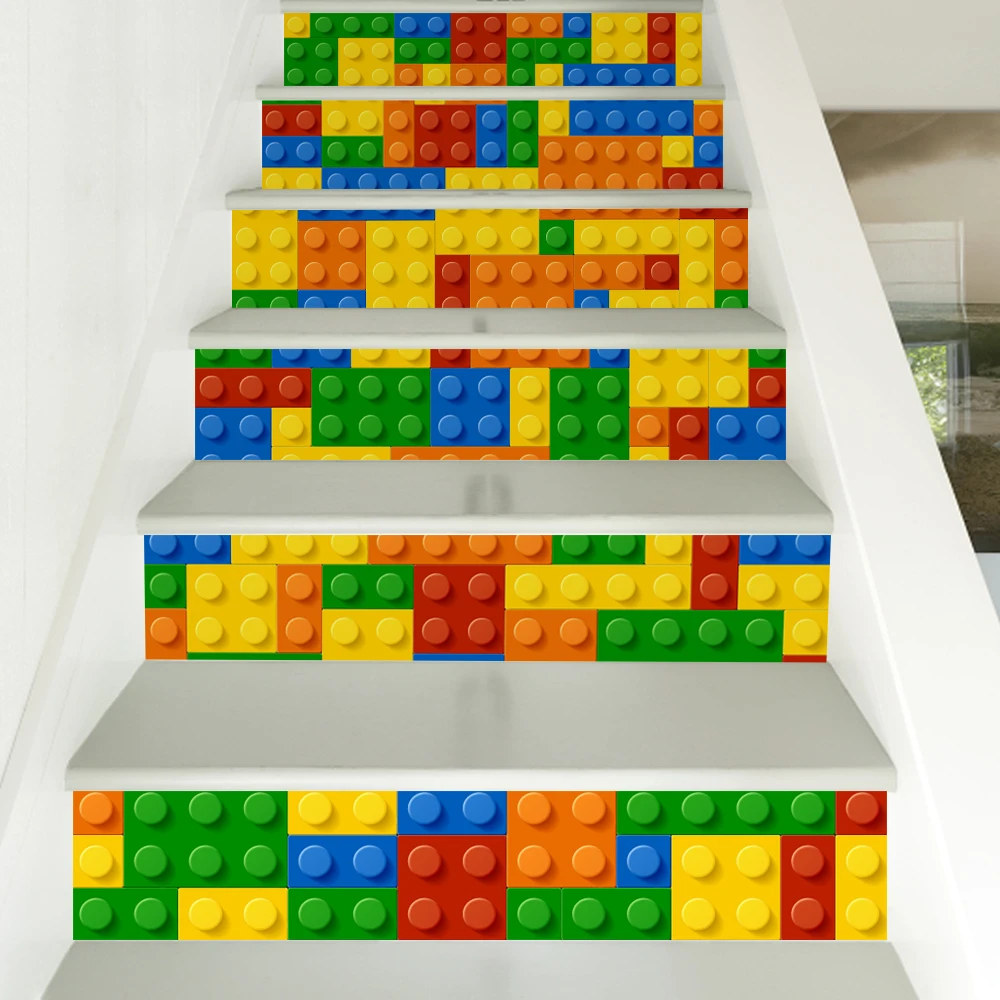 6 Pieces/Set Creative DIY 3D Stairway Stickers Lego Blocks Pattern for Room Stairs Decoration Home Decor Floor Wall Sticker