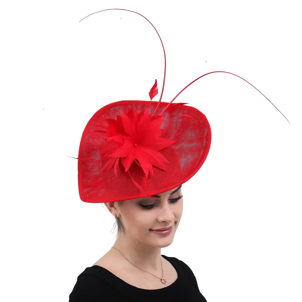 Topi fascinator merah Gereja hiasan kepala bagus pernikahan wanita Derby besar aksesori rambut bulu hiasan kepala elegan untuk wanita