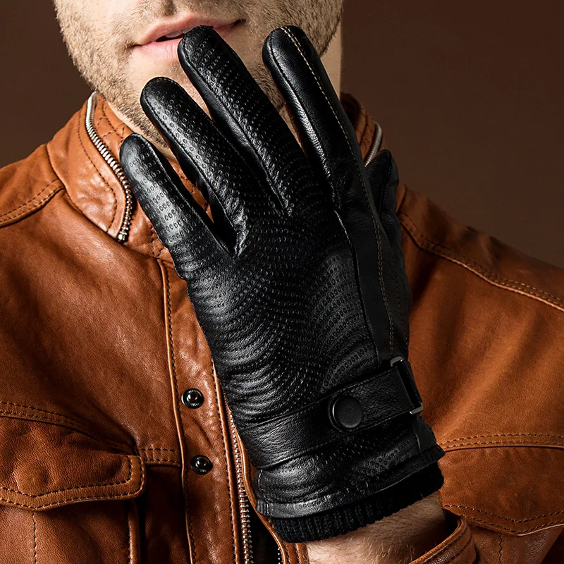 New Autumn Fashion Mens Leather Gloves Goatskin Belt Button Male Mittens Plus Velvet Warm Gloves For Men Outdoor Driving Gloves