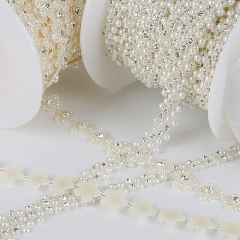 Fashion 1M/bag ABS Imitation Pearl Beads Chain Trim with Crystal Rhinestone for DIY Wedding Party Decoration Craft Supplies