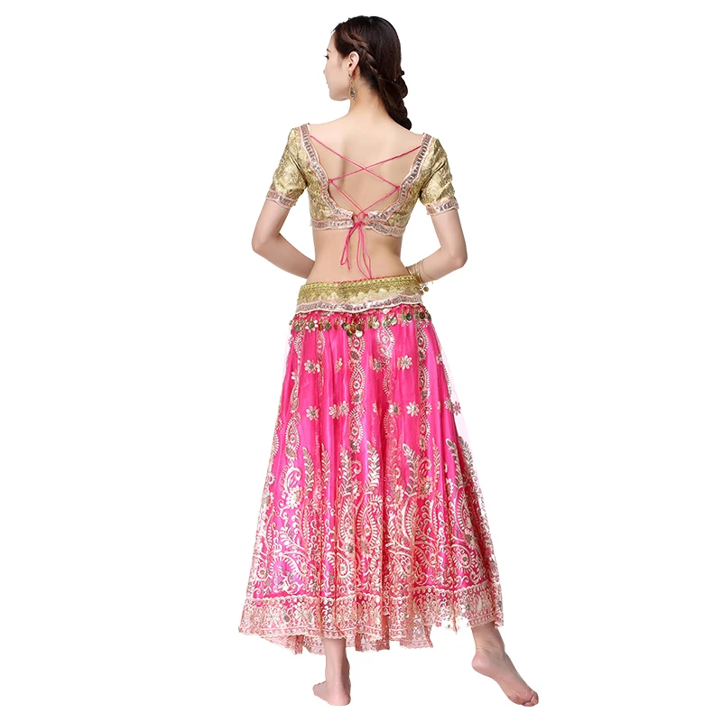 Halloween Christmas Women Belly Dance Outfits Indian Dance Hand-embroidered Bollywood Costume 4pcs Set (Top+Belt+Skirt+Sari)