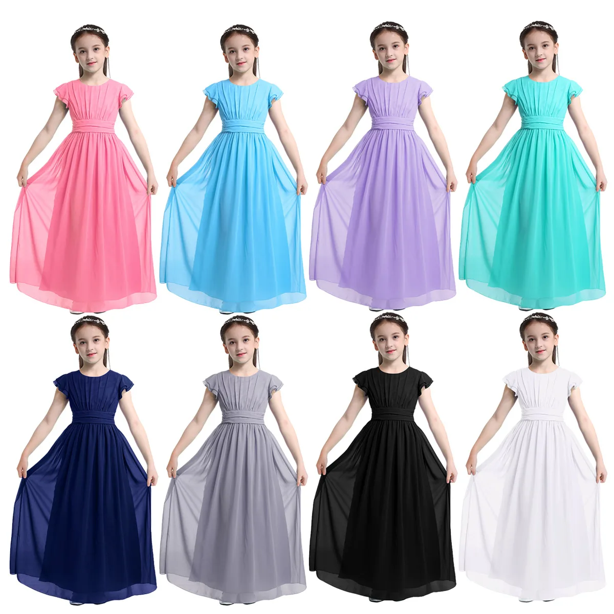 Girls Chiffon Flutter Sleeves Flower Girl Dress Pleated High-waisted Princess Pageant Birthday Wedding Party Long Dress 4-14