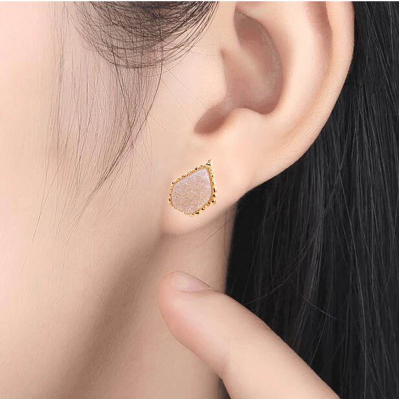 Bojiu Exquisite Stud Earrings Champagne Quartz Gold-color Natural Druzy Stone Earings New Jewelry Top Festival Gifts EA029