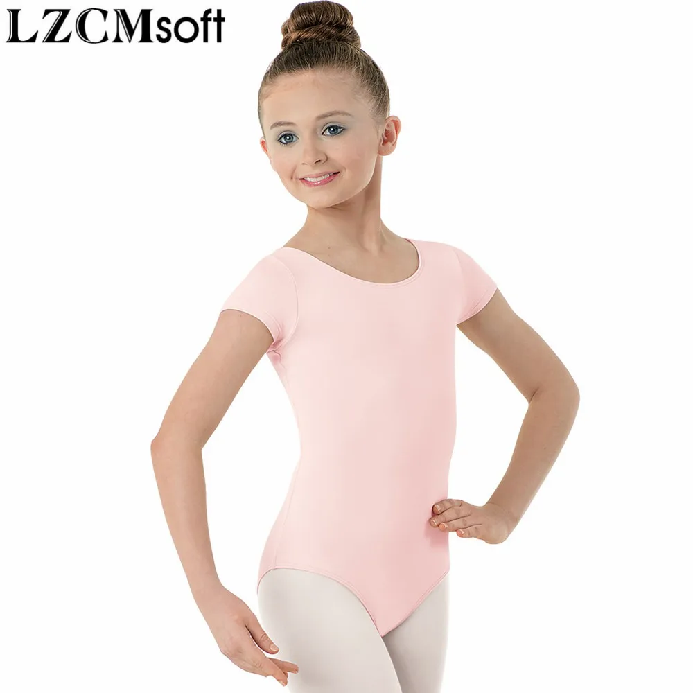 LZCMsoft Girls Nylon Spandex Scoop Neck Gymnastics Leotards Child Short Sleeve Ballet Dancewear Stage Performance Bodysuit Kids