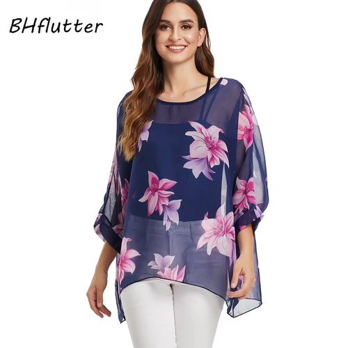 Imagen 2 del producto BHflutter-blusa blanca para mujer, camisa informal de gasa con estampado de ala de murciélago, ropa de calle de talla grande, Verano
