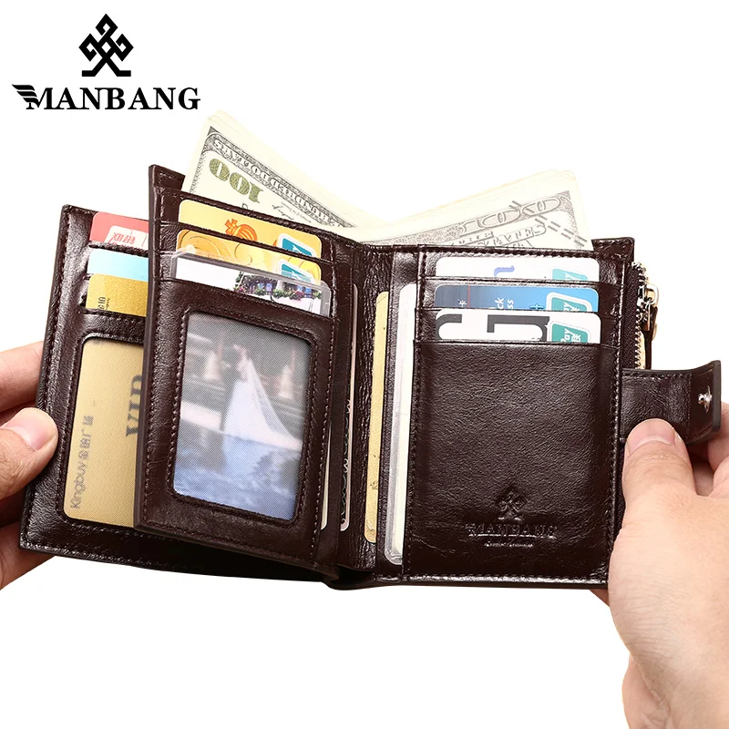 ManBang Genuine Leather Men Wallets Fashion Trifold Wallet Zip Coin Pocket Purse Cowhide Leather man wallet high quality