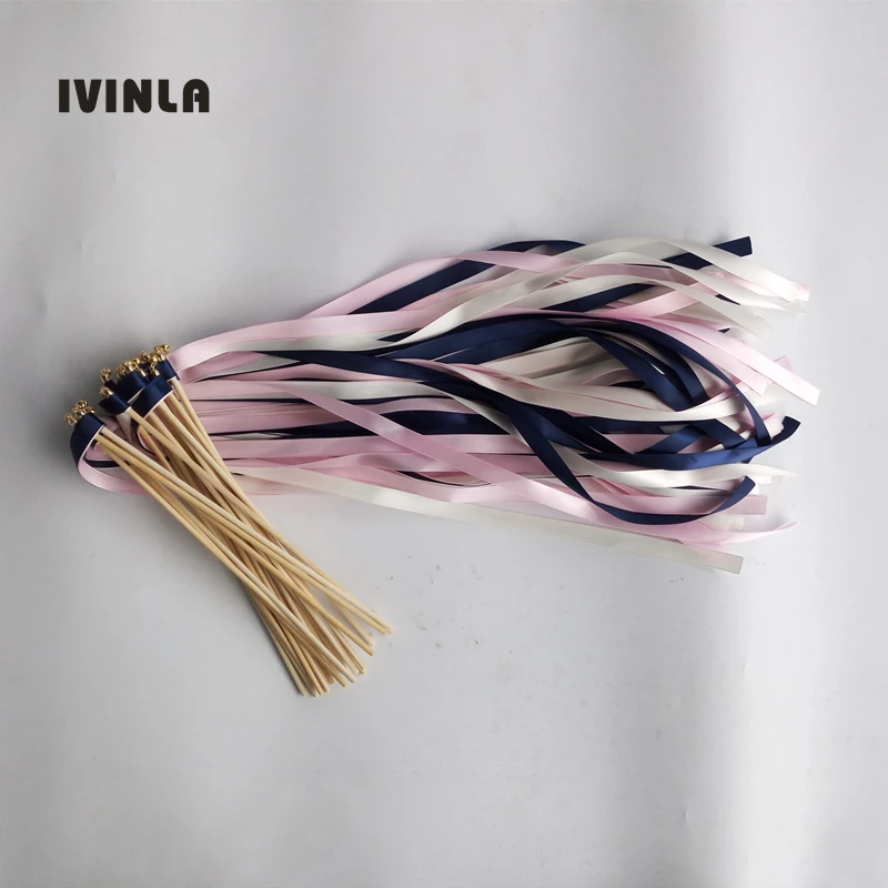 50pcs navy pink and grey wedding ribbon wands with sliver bell for wedding decoration