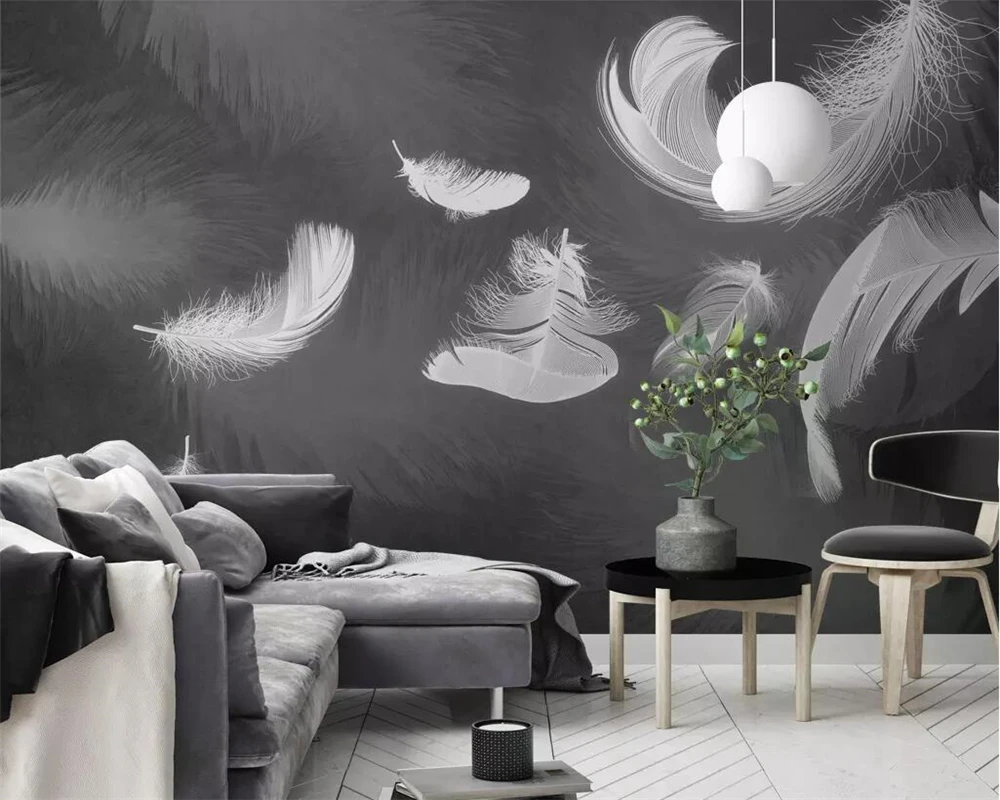 

Custom wallpaper feather black and white minimalist Nordic TV background wall living room bedroom mural 3d wallpaper