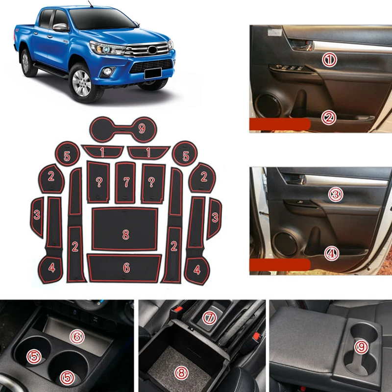 For Toyota Hilux Revo 4 Door 2016 2017 2018 2019 Interior Accessories Door Slot Pad Rubber Mat Water Cup Anti-Slip Mats 18pcs