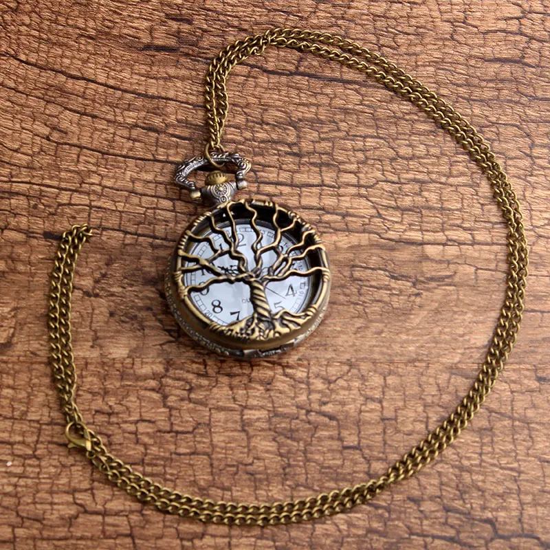 Vintage Watches Tree of Life Quartz Pocket Watch Mens Bronze Hollow Necklace Pendant Flip Case Clock Men Women's Unisex Gift