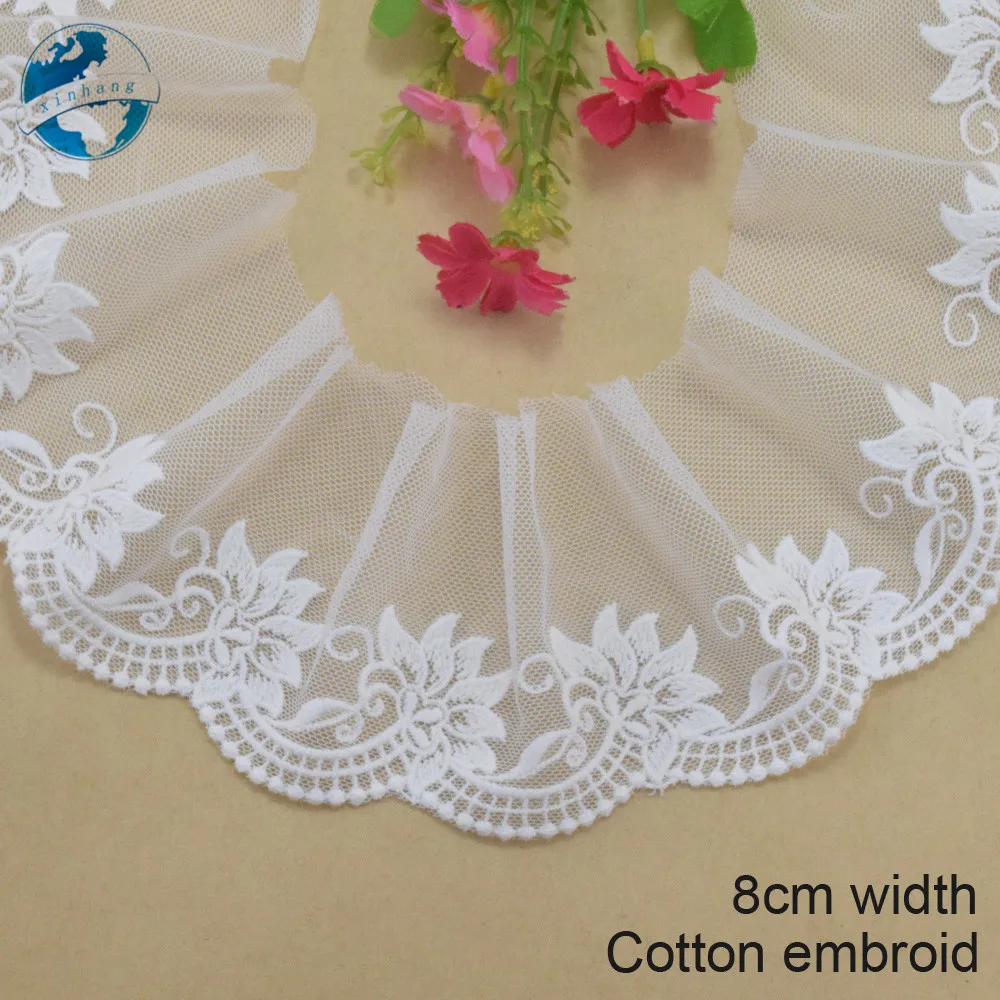 8cm Width White Cotton Embroidery Lace Curtain Ribbon Fabric Guipure Diy Trims Warp Knitting Sewing Wedding Accessories#3046
