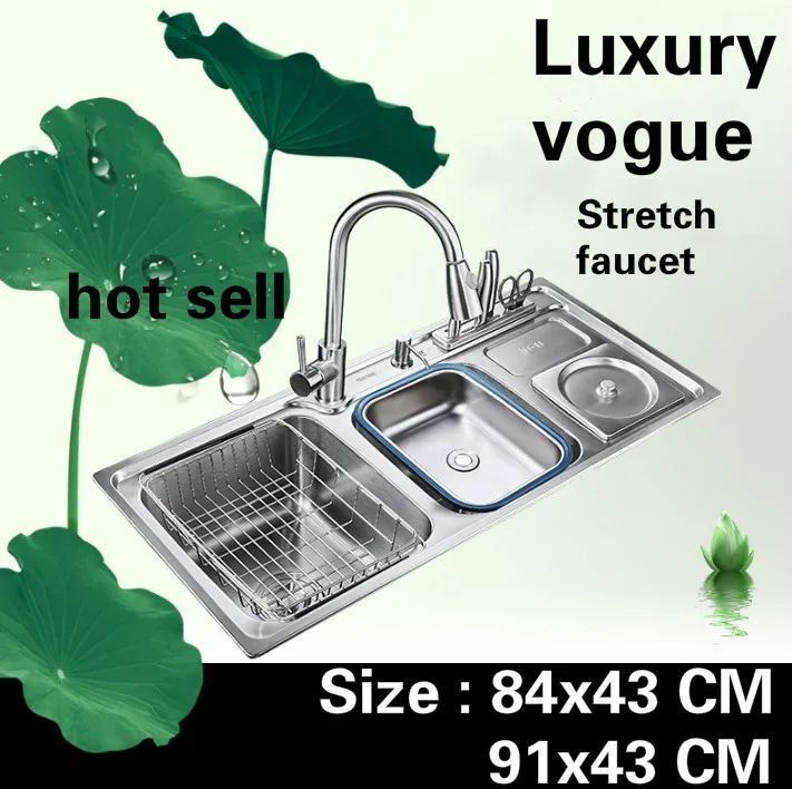 

Free shipping Apartment vogue kitchen double groove sink luxury stretch faucet 304 stainless steel hot sell big 84x43/91x43 CM