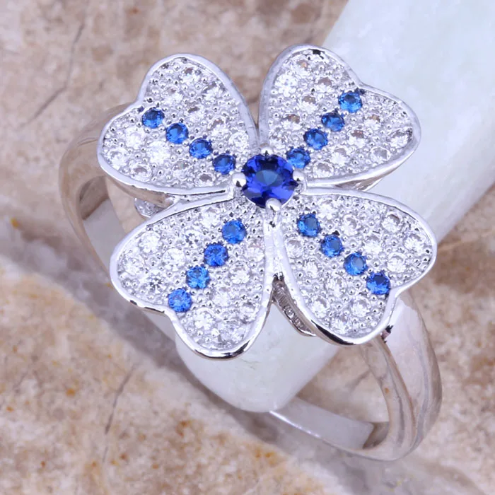 Blue Cubic Zirconia White CZ Silver Plated Four-leaf Clover Ring Size 6 / 7 / 8 / 9 E525