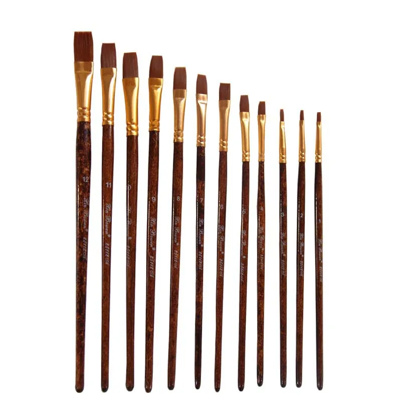 nylon hair gouache pen flat head round head 12 pcs wooden Grain rod grain poles high-quality watercolor brush Suite painting