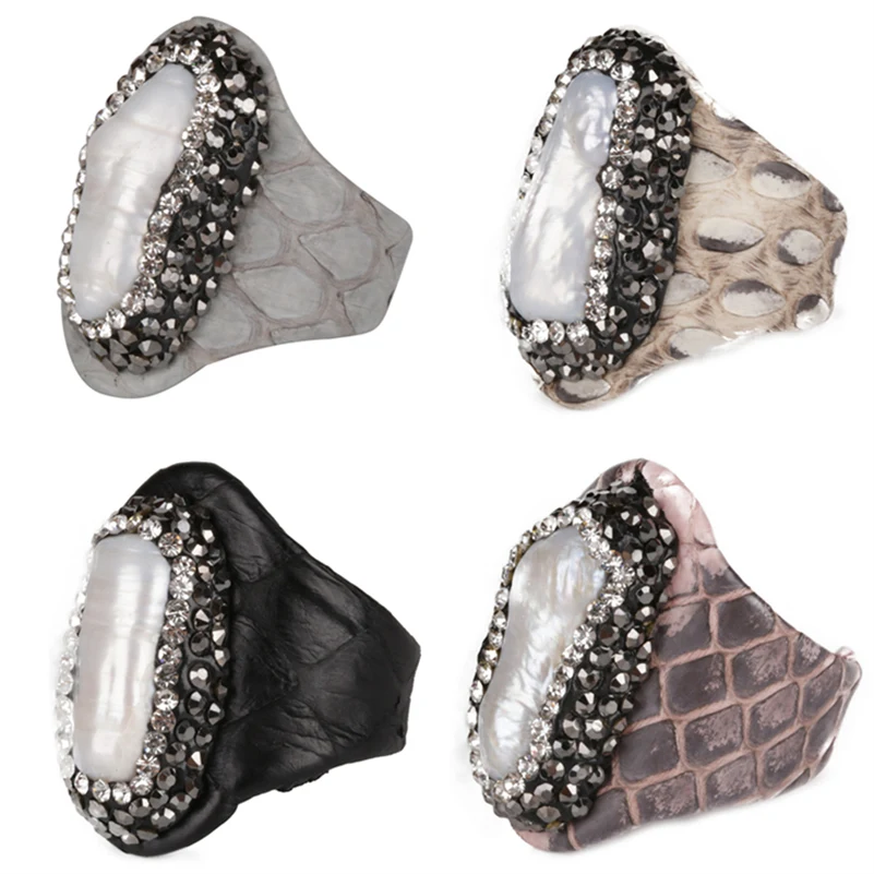 big freshwater pearl bead charm pave rhinestone in grey black pink green snake leather Wrap open rings cuff adjustable unisex
